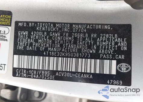 2005 Toyota Camry Std z USA, uszkodzony, nr VIN 4T1BE32K95U381773